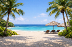 Tropical beach with shaded lounge chairs.png